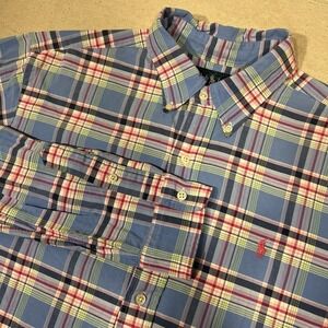 Ralph Lauren Mens Large Blue Pink Green Plaid Oxford Button Up Pink Pony OCBD